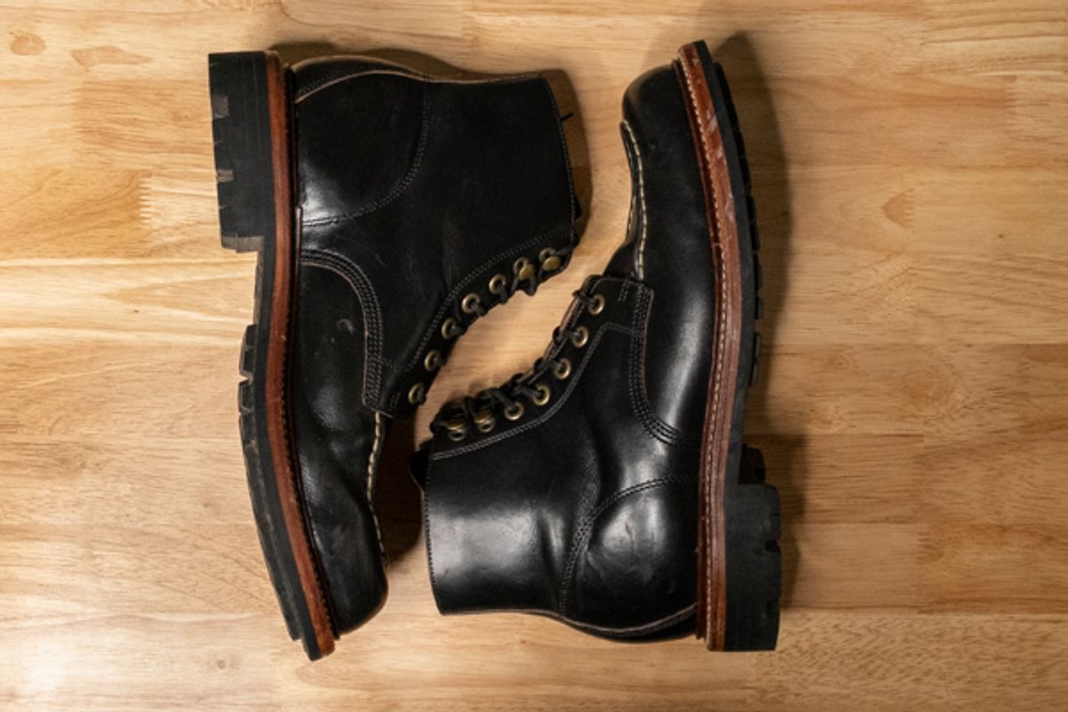 Photo by sawdustandstitch on November 6, 2025 of the Grant Stone Brass Boot in Horween Black Chromexcel.