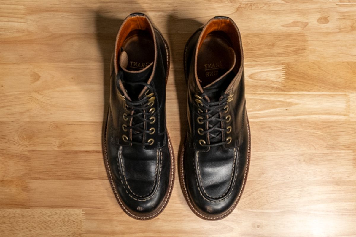 Photo by sawdustandstitch on November 6, 2025 of the Grant Stone Brass Boot in Horween Black Chromexcel.