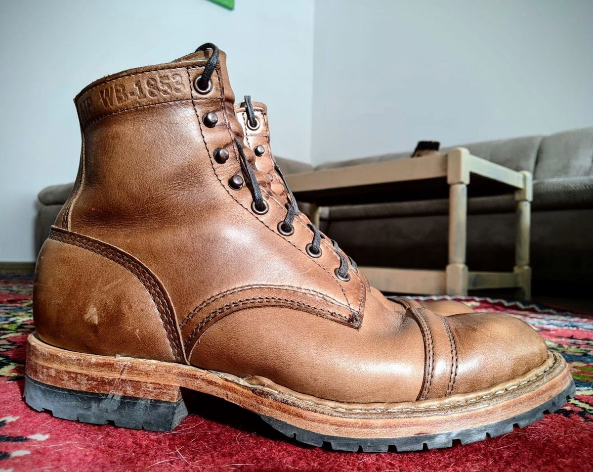 Photo by perfectpatina on November 5, 2022 of the White's MP-Sherman Toe Cap in Horween Natural Chromexcel.