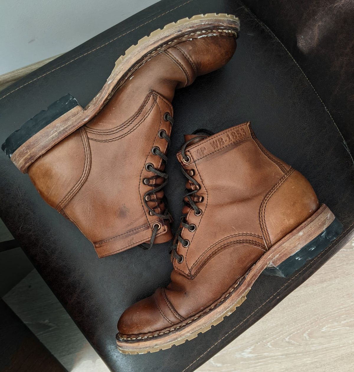 Photo by perfectpatina on March 5, 2023 of the White's MP-Sherman Toe Cap in Horween Natural Chromexcel.