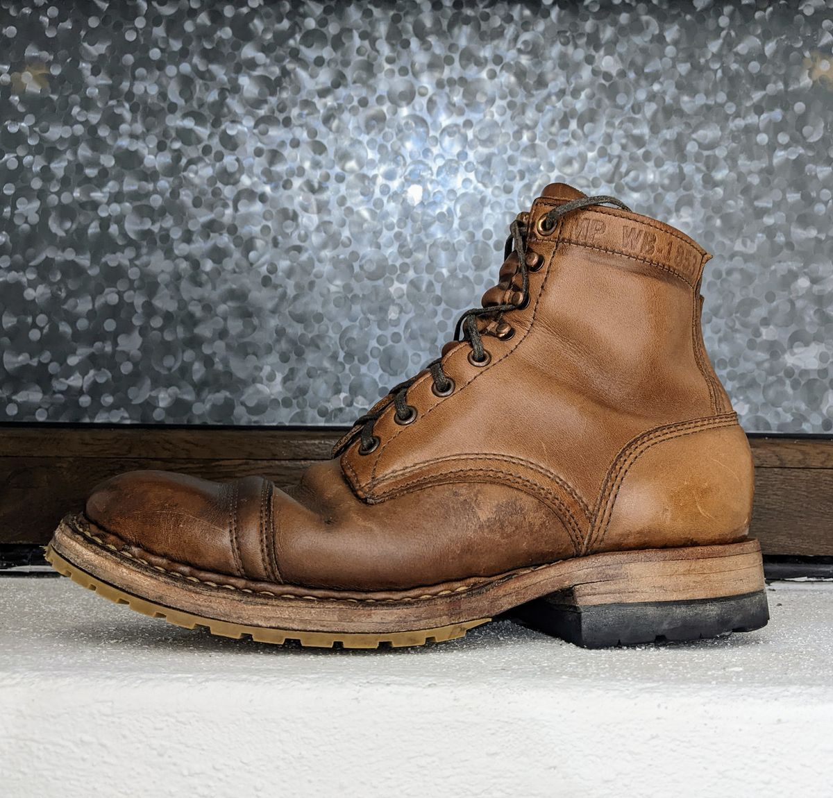 Photo by perfectpatina on April 5, 2023 of the White's MP-Sherman Toe Cap in Horween Natural Chromexcel.