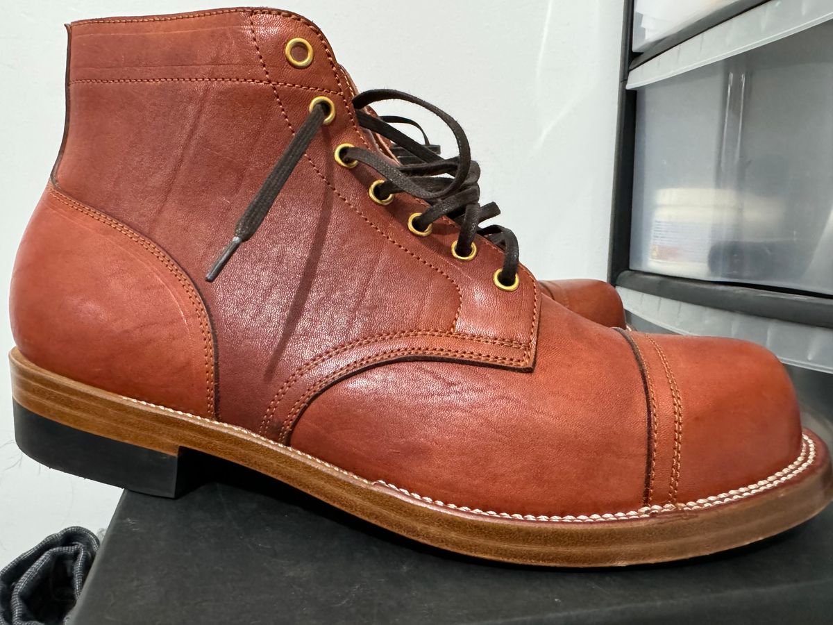 Photo by init on July 1, 2024 of the Iron Boots Pitman in Maryam Light Brown Washed Horsehide.