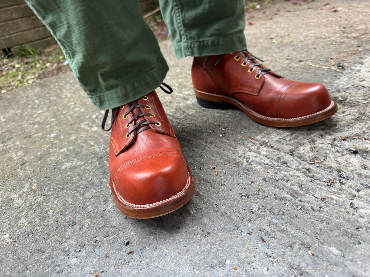 Photo by init on June 27, 2024 of the Iron Boots Pitman in Maryam Light Brown Washed Horsehide.