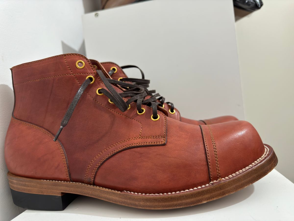 Photo by init on July 6, 2024 of the Iron Boots Pitman in Maryam Light Brown Washed Horsehide.