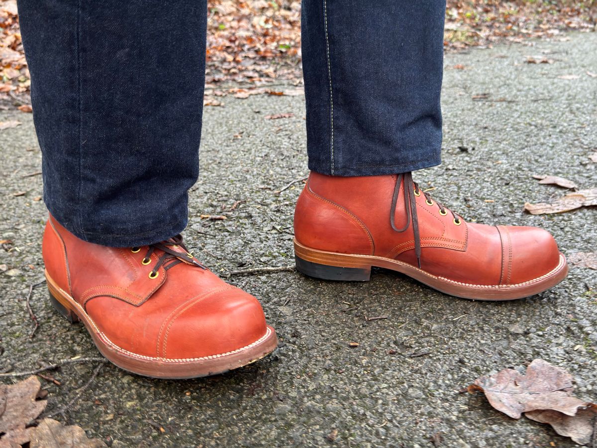 Photo by init on December 28, 2024 of the Iron Boots Pitman in Maryam Light Brown Washed Horsehide.