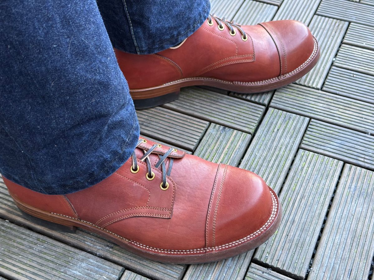 Photo by init on March 13, 2025 of the Iron Boots Pitman in Maryam Light Brown Washed Horsehide.