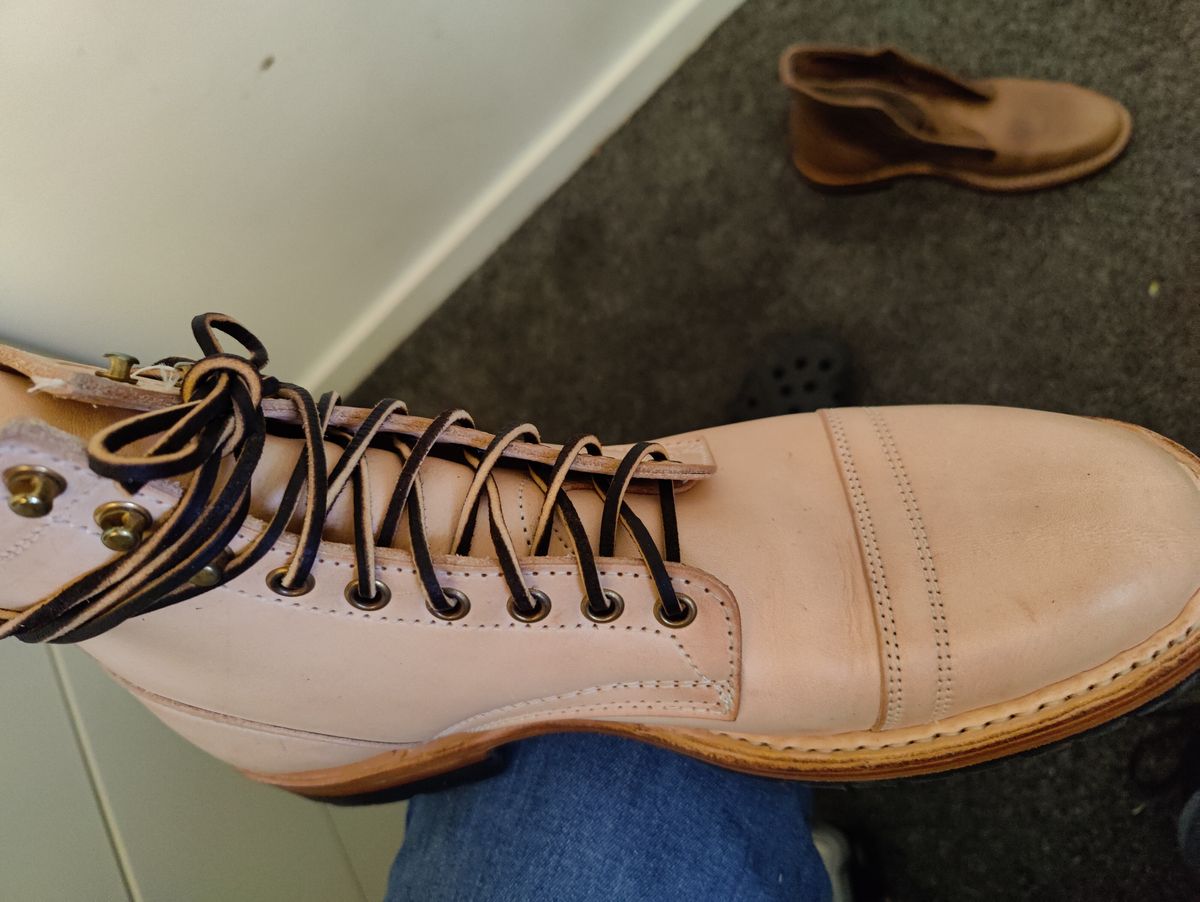 Photo by init on June 13, 2022 of the White's MP-Sherman Toe Cap in Wickett & Craig Natural Veg Tan.