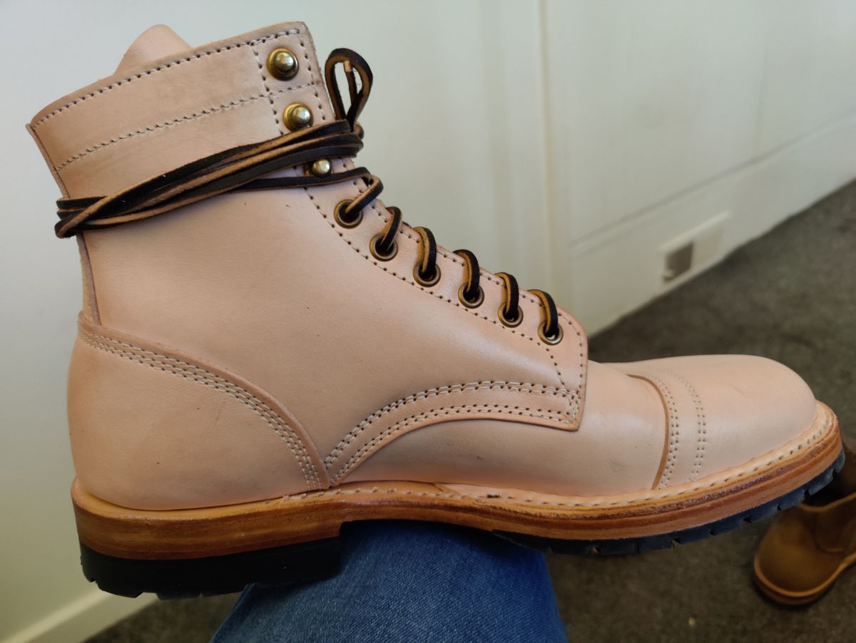 Photo by init on June 13, 2022 of the White's MP-Sherman Toe Cap in Wickett & Craig Natural Veg Tan.