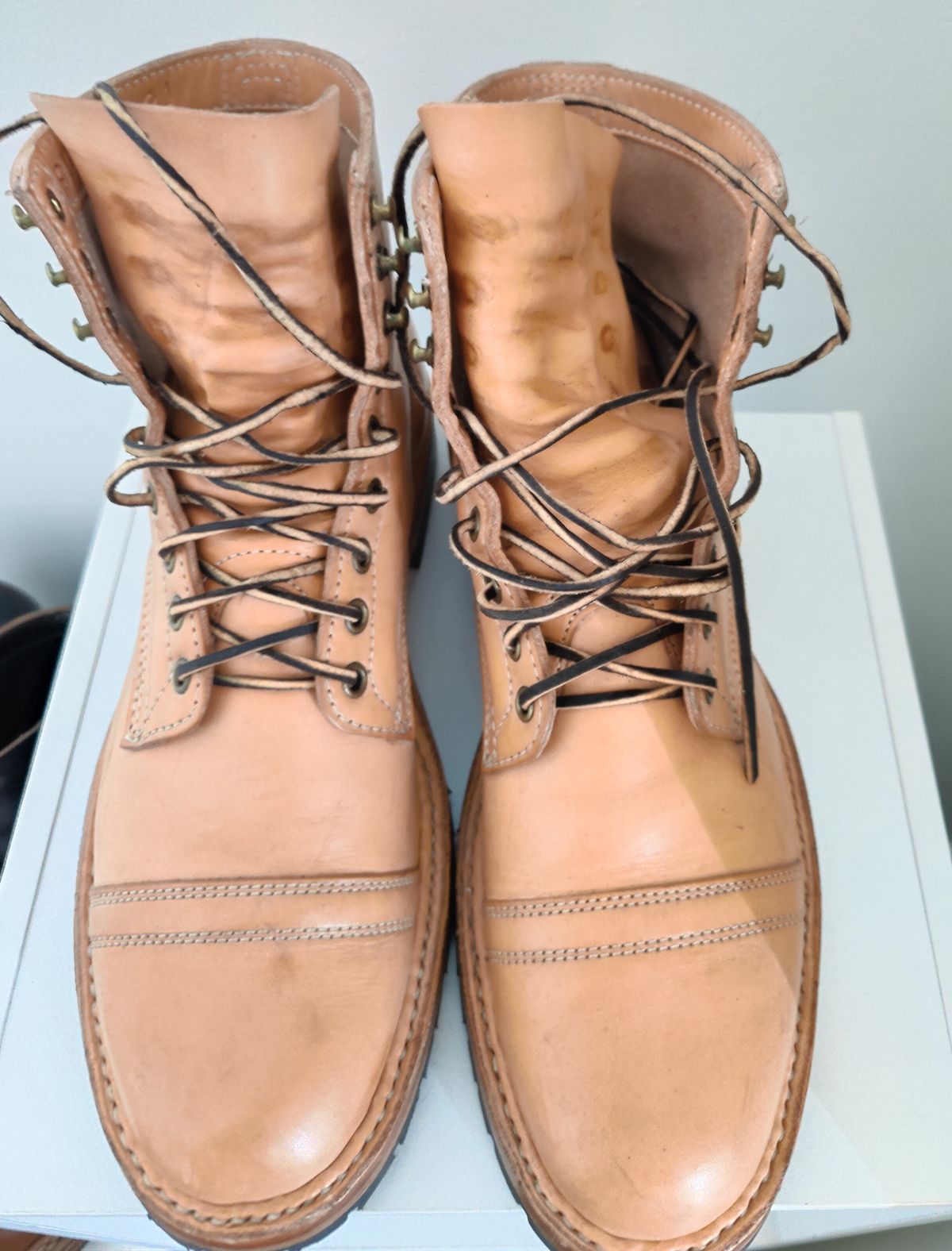 Photo by init on June 30, 2022 of the White's MP-Sherman Toe Cap in Wickett & Craig Natural Veg Tan.