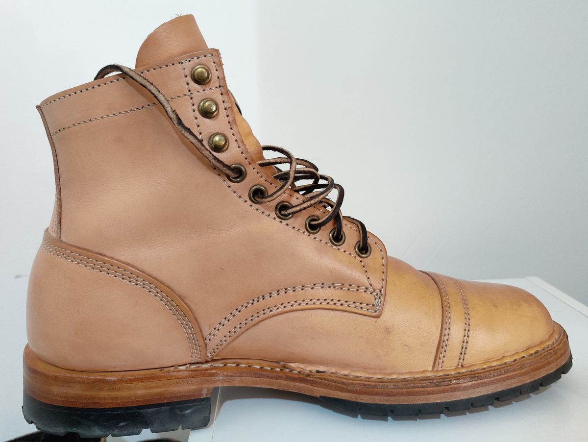 Photo by init on June 30, 2022 of the White's MP-Sherman Toe Cap in Wickett & Craig Natural Veg Tan.