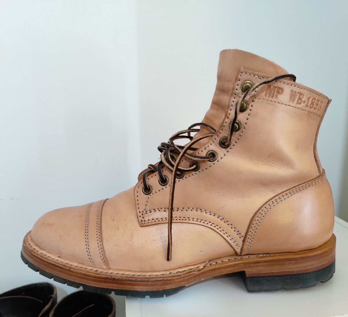 Photo by init on June 30, 2022 of the White's MP-Sherman Toe Cap in Wickett & Craig Natural Veg Tan.