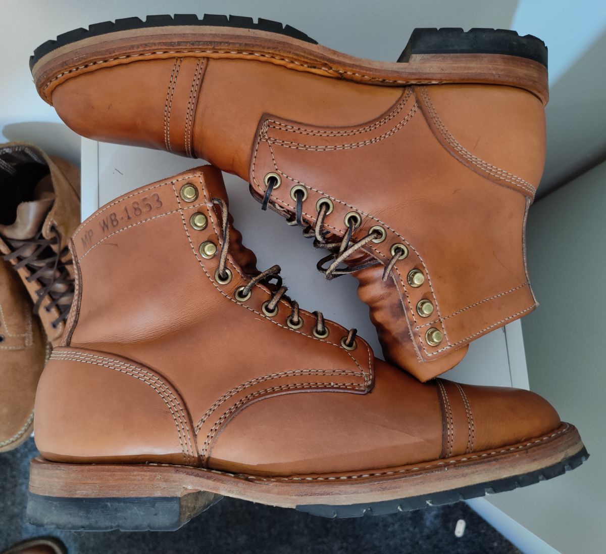 Photo by init on August 16, 2022 of the White's MP-Sherman Toe Cap in Wickett & Craig Natural Veg Tan.