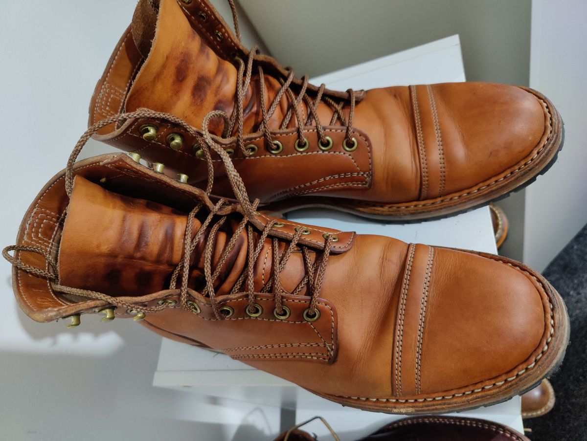 Photo by init on September 1, 2022 of the White's MP-Sherman Toe Cap in Wickett & Craig Natural Veg Tan.