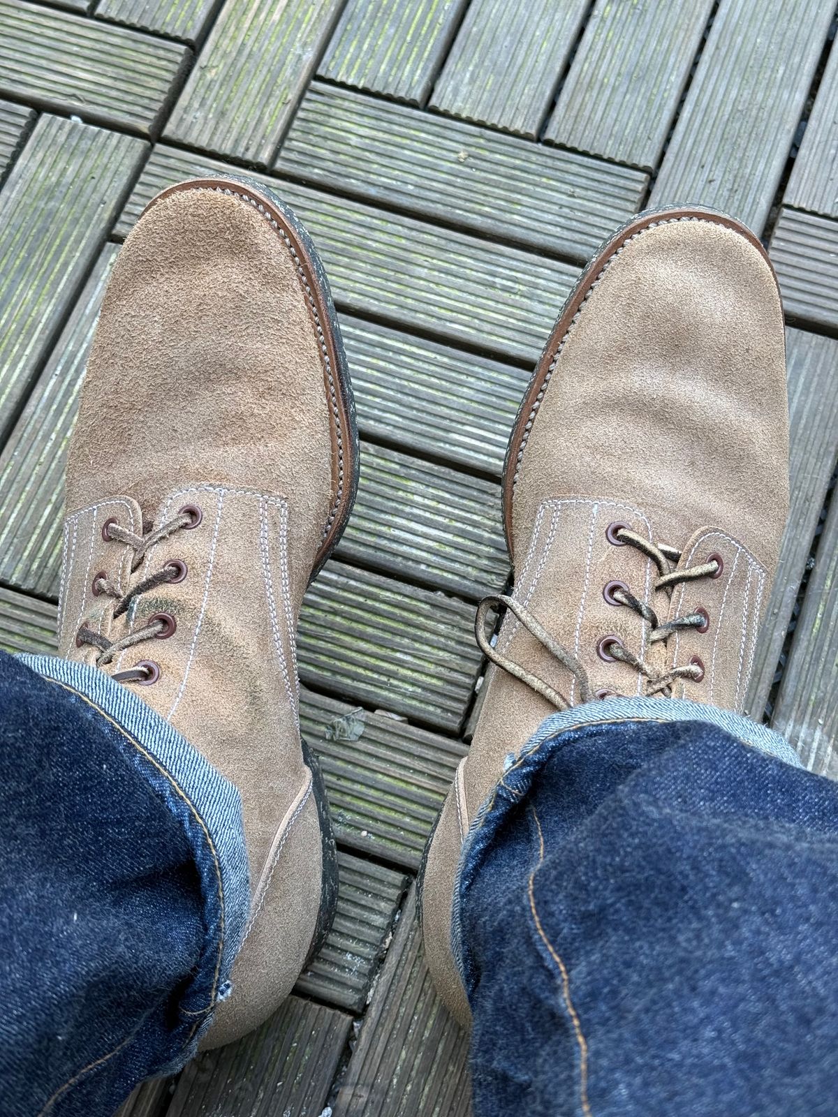 Photo by init on April 3, 2025 of the Clinch Yeager Boots in Wickett & Craig Natural Latigo Roughout.