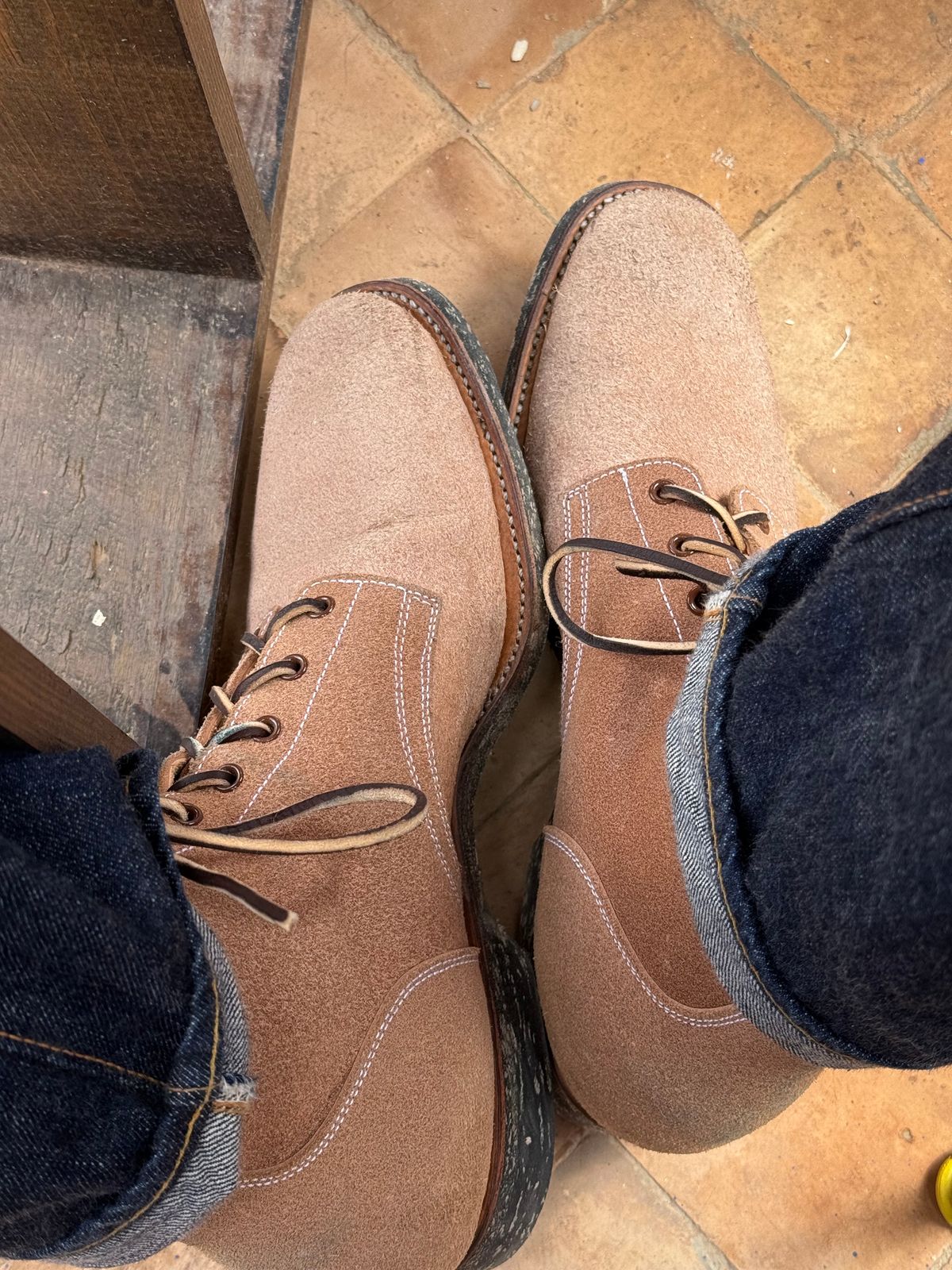 Photo by init on April 15, 2025 of the Clinch Yeager Boots in Wickett & Craig Natural Latigo Roughout.