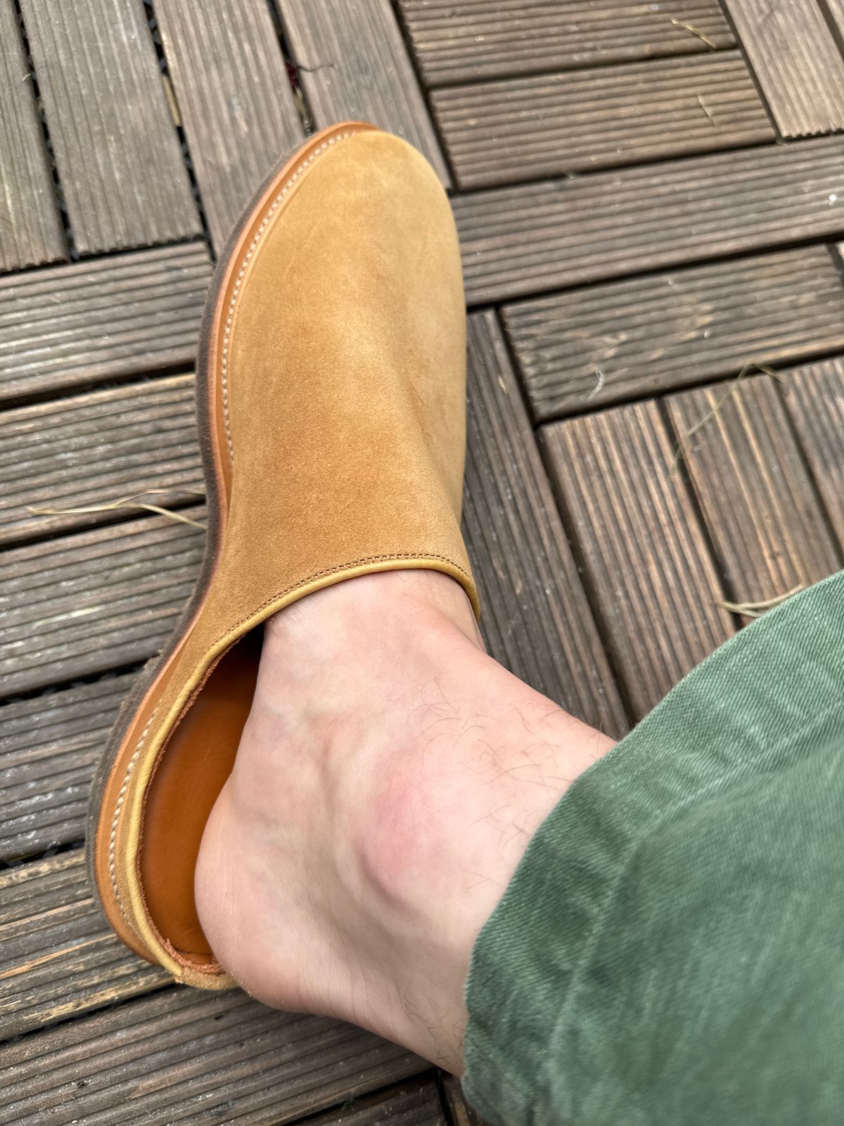 Photo by init on May 12, 2025 of the Viberg Mule in C.f. Stead Safari Janus calf Suede.