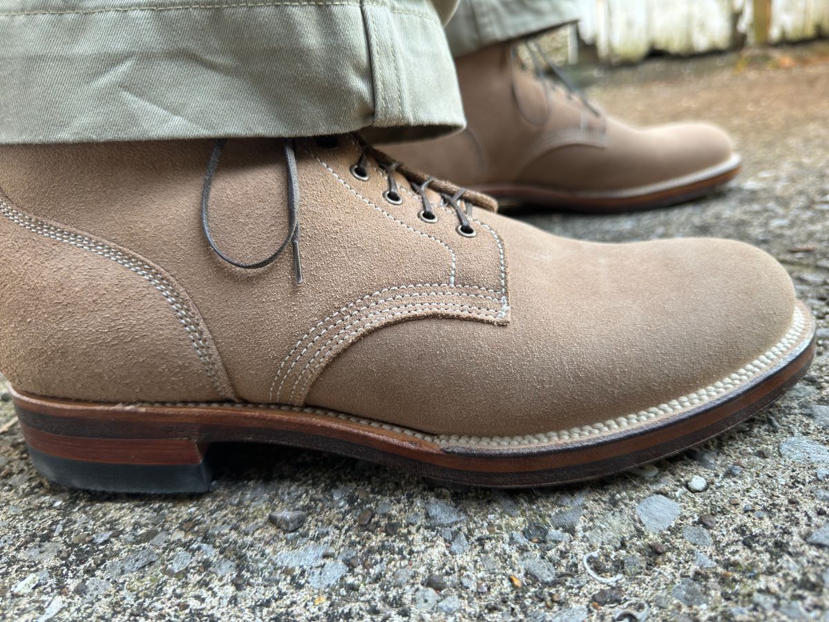 Photo by init on June 6, 2024 of the Viberg Boondocker in Horween Marine Field Roughout.