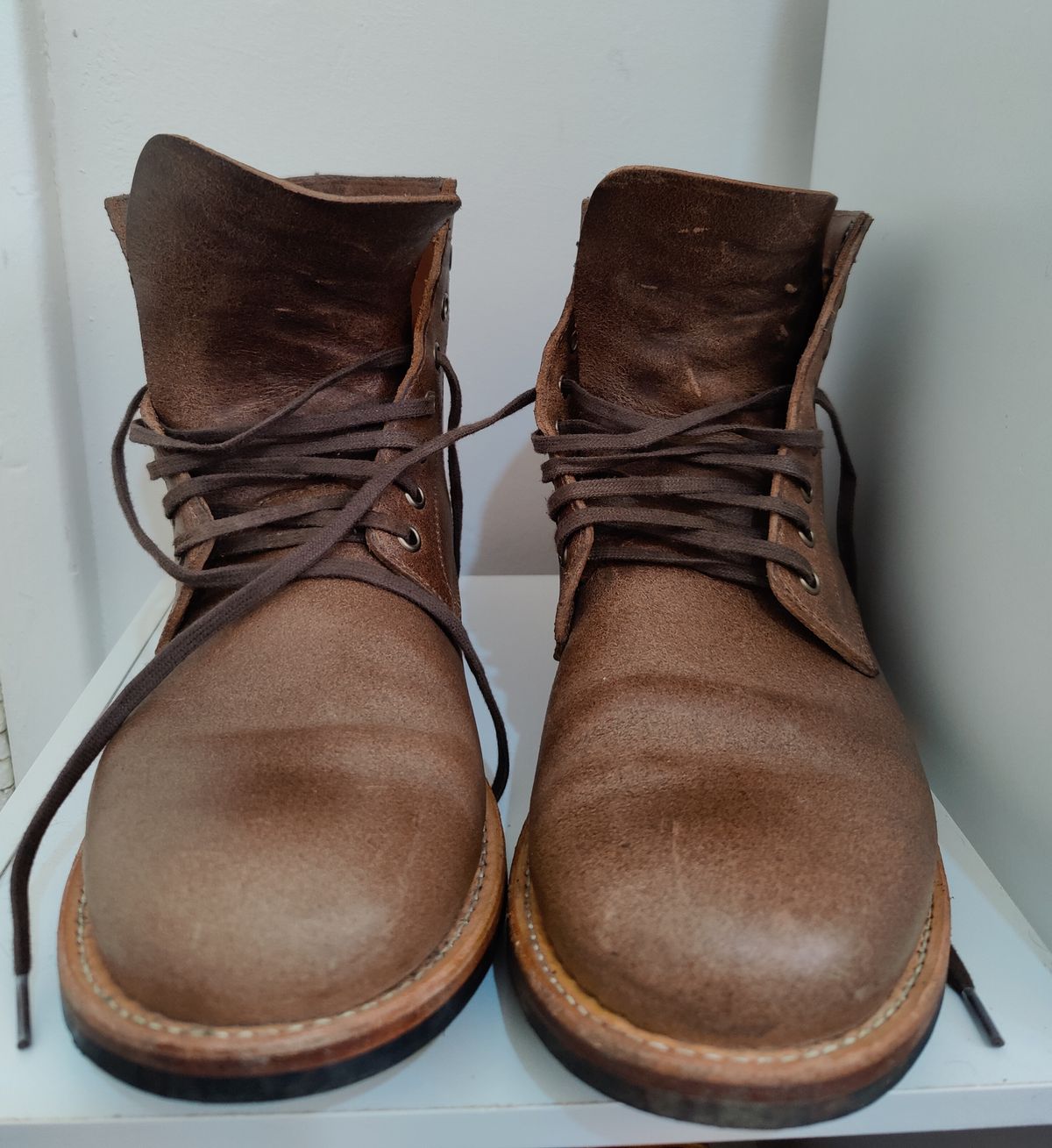 Photo by init on June 15, 2022 of the Oak Street Bootmakers Trench Boot in Horween Natural Waxed Flesh.