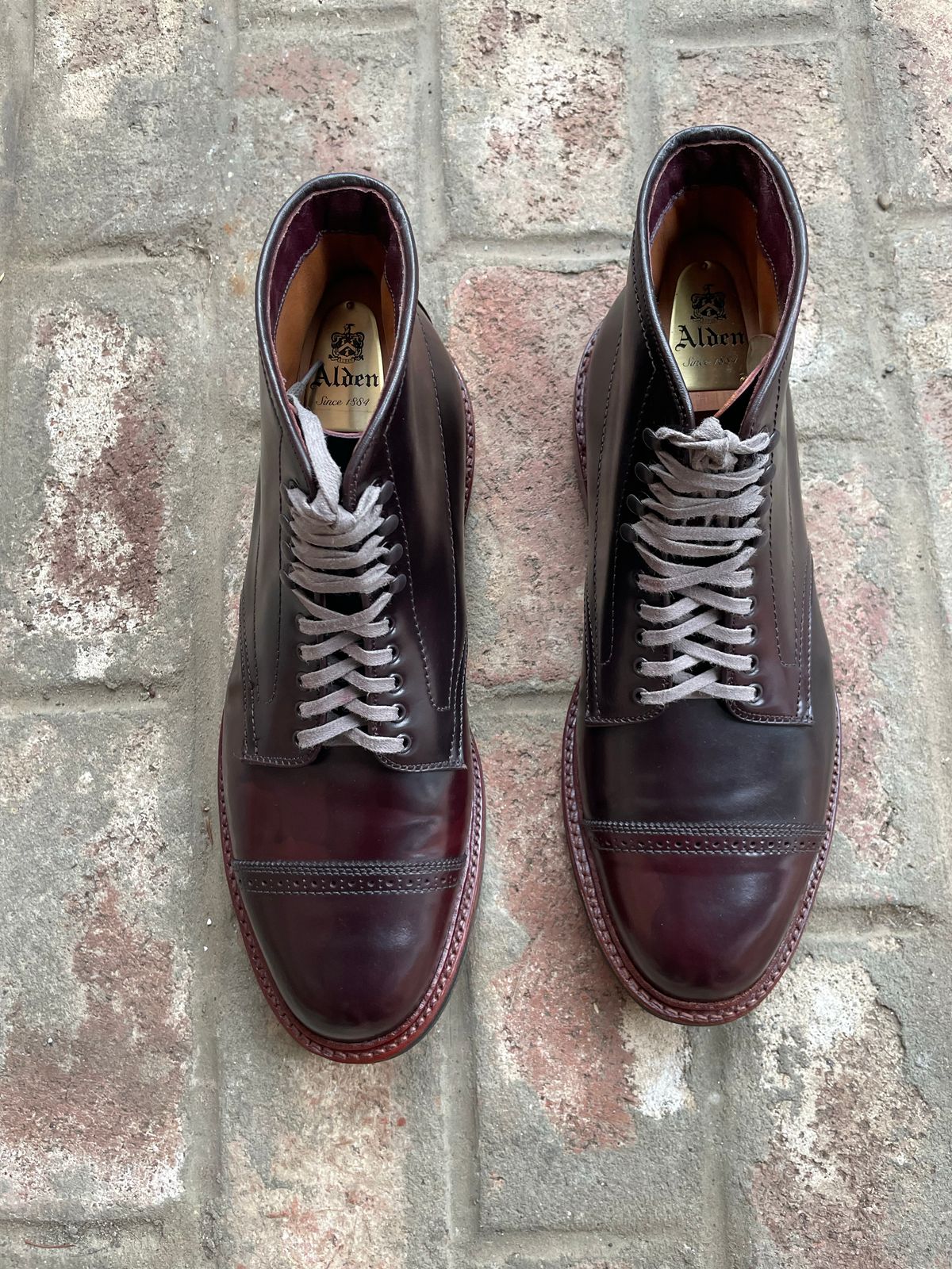 Photo by kspolini on October 1, 2022 of the Alden Perforated Cap Toe Boot in Horween Color 8 Shell Cordovan.