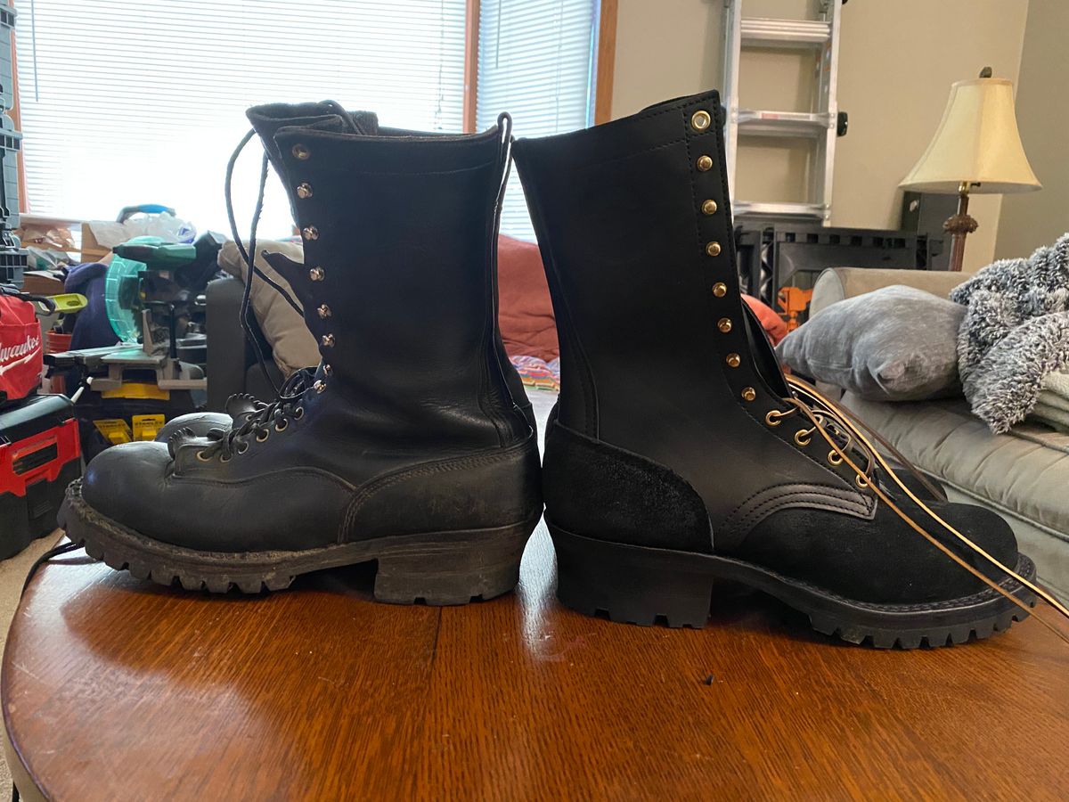 Photo by bootbeater on June 16, 2023 of the Frank's Boots The Patriot in Black Roughout Work Leather.