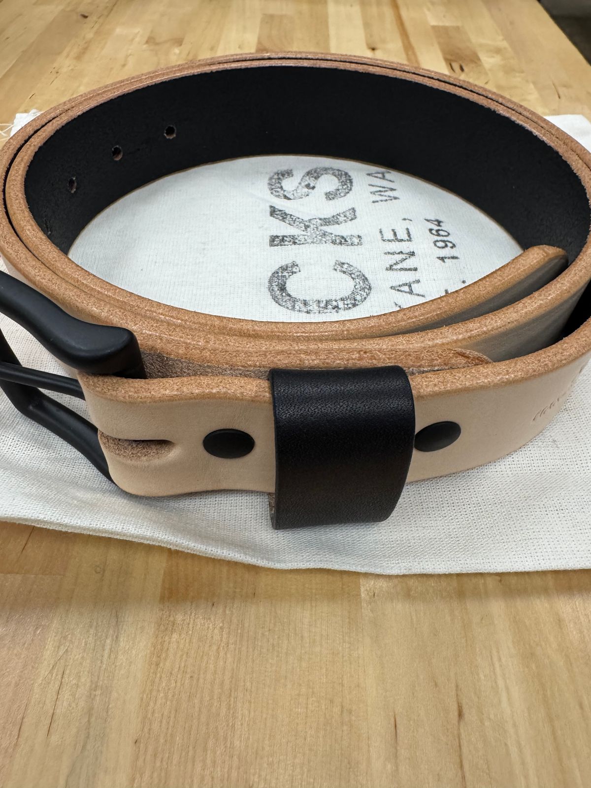 Photo by traceycortez on October 1, 2025 of the Nicks Natural/Blackout - Heavy Duty Work Belt in Wickett & Craig Natural Veg Tan & Wickett & Craig Natural Veg Tan Overdyed Black.