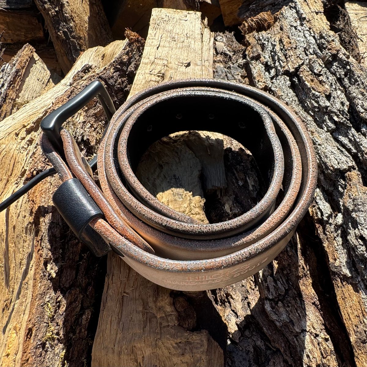 Photo by traceycortez on November 4, 2025 of the Nicks Natural/Blackout - Heavy Duty Work Belt in Wickett & Craig Natural Veg Tan & Wickett & Craig Natural Veg Tan Overdyed Black.