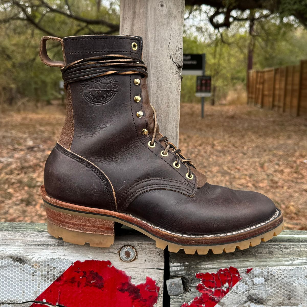 Photo by traceycortez on November 5, 2024 of the Frank's Boots Type 1 Commander in Horween Black Teacore Cypress & Horween Natural Waxed Flesh.