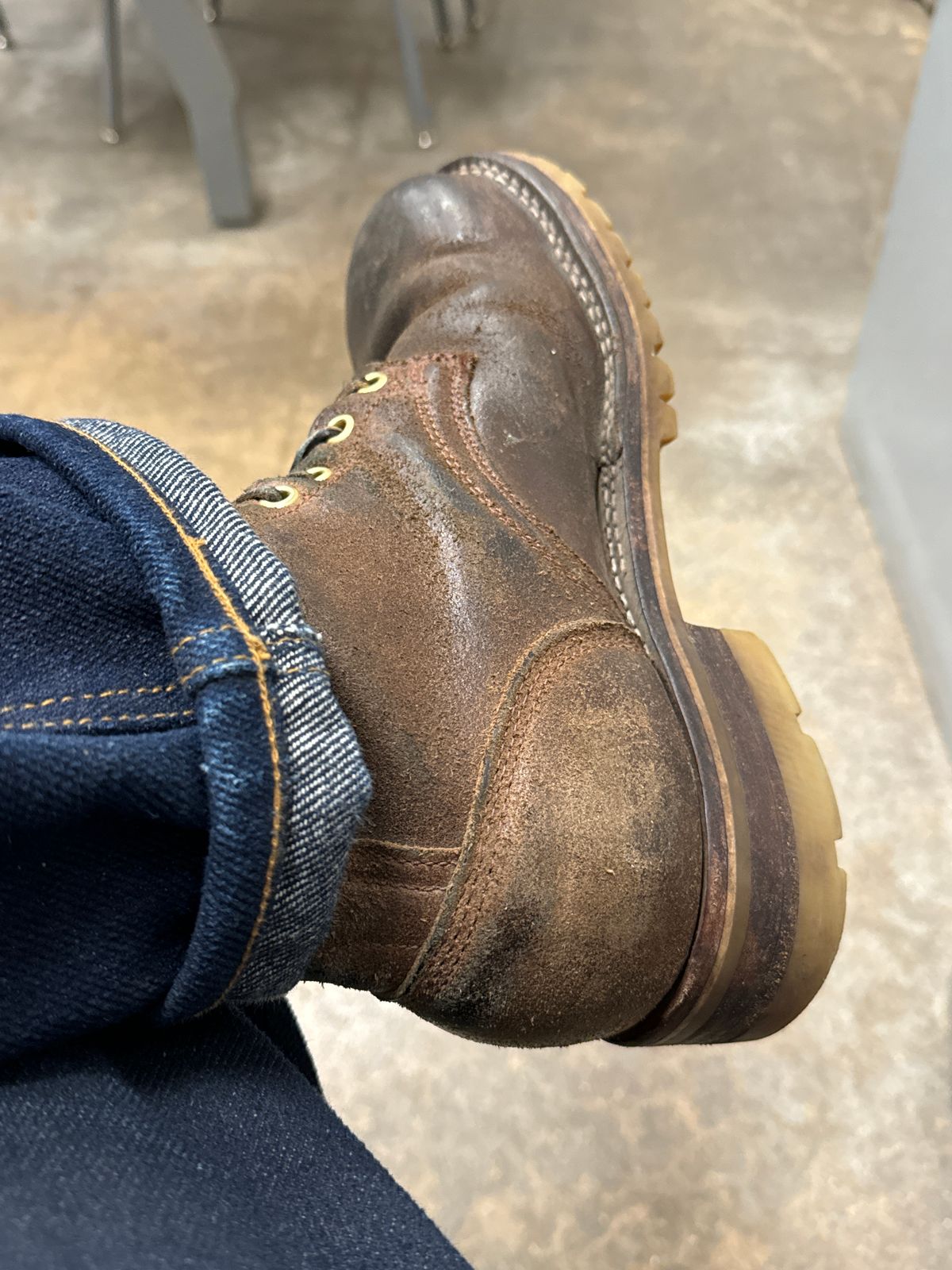Photo by traceycortez on April 11, 2024 of the Frank's Boots Ground Pounder in Horween Natural Waxed Flesh.