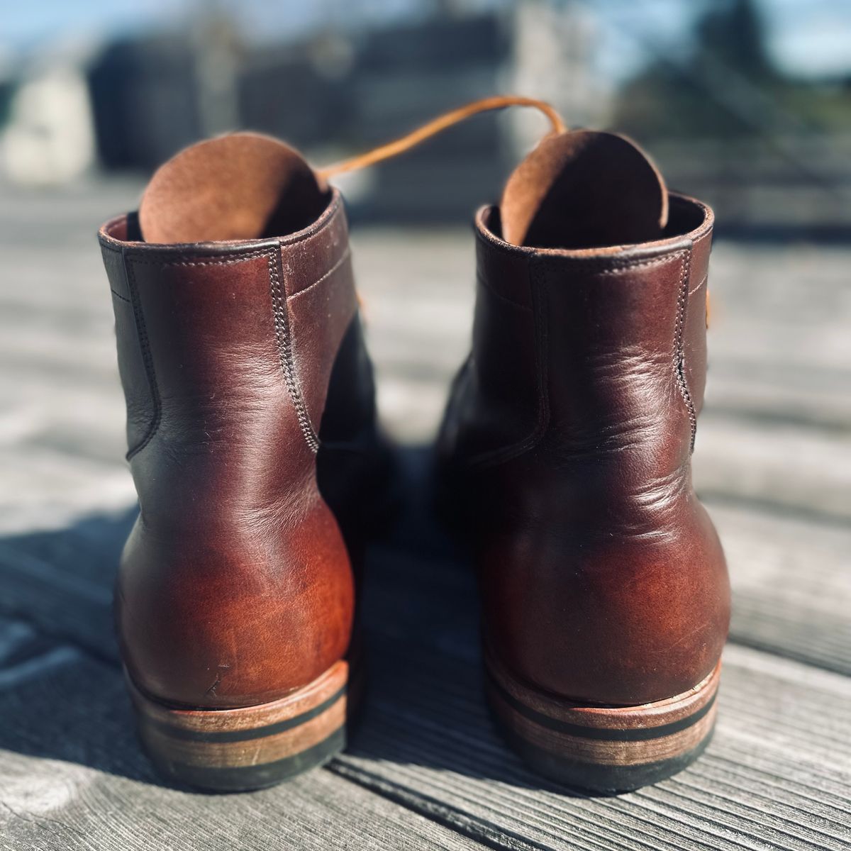 Photo by tippytoes on October 5, 2025 of the Viberg Service Boot in Horween Brown Chromexcel.