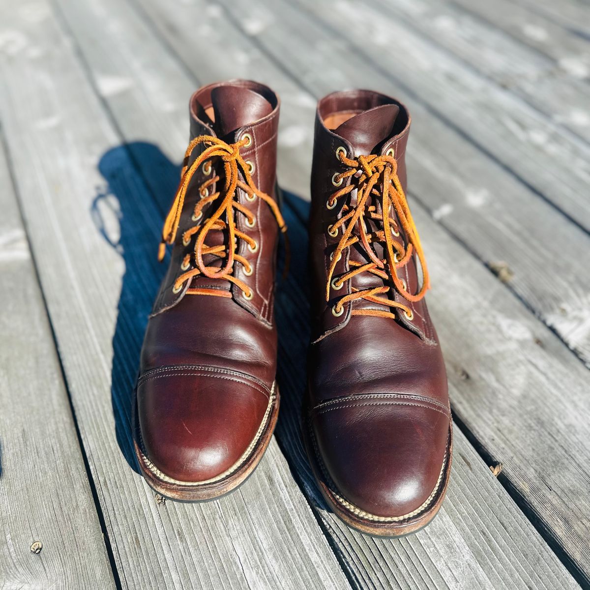Photo by tippytoes on October 5, 2025 of the Viberg Service Boot in Horween Brown Chromexcel.
