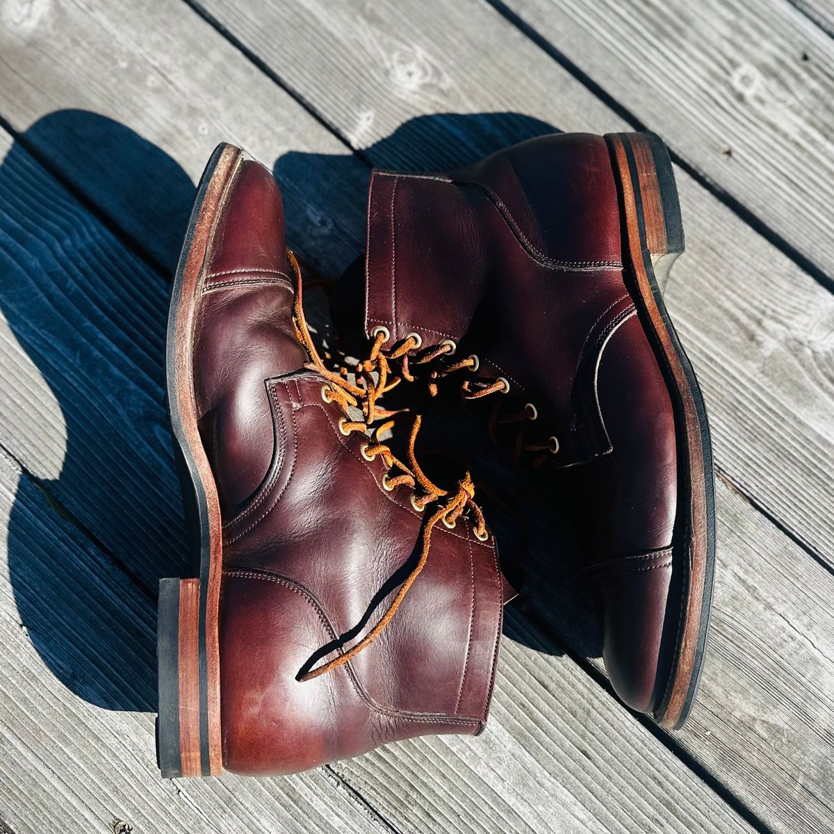 Photo by tippytoes on October 5, 2025 of the Viberg Service Boot in Horween Brown Chromexcel.