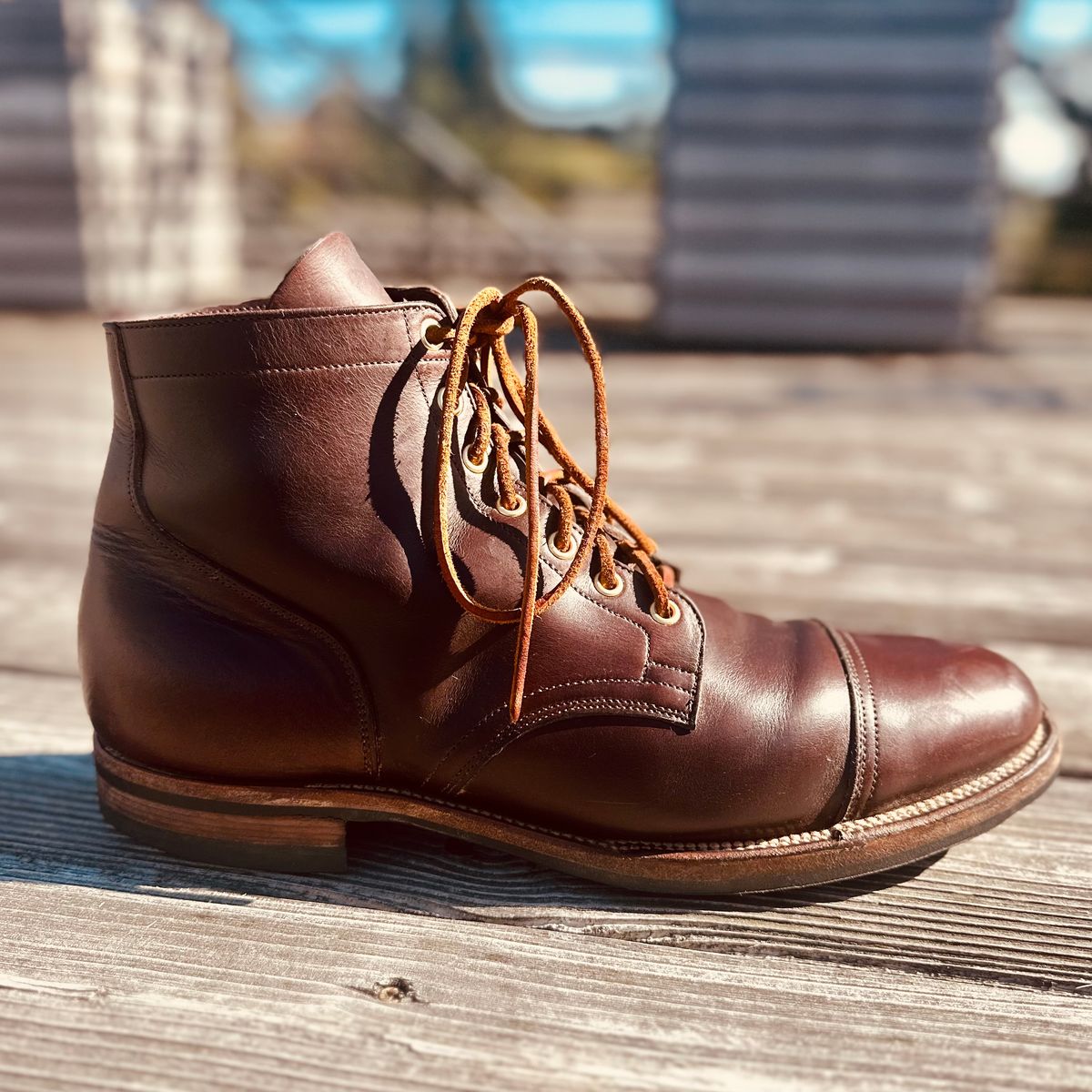 Photo by tippytoes on October 5, 2025 of the Viberg Service Boot in Horween Brown Chromexcel.