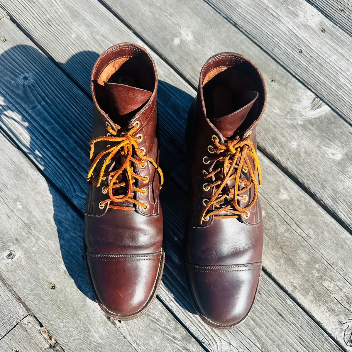 Photo by tippytoes on October 5, 2025 of the Viberg Service Boot in Horween Brown Chromexcel.