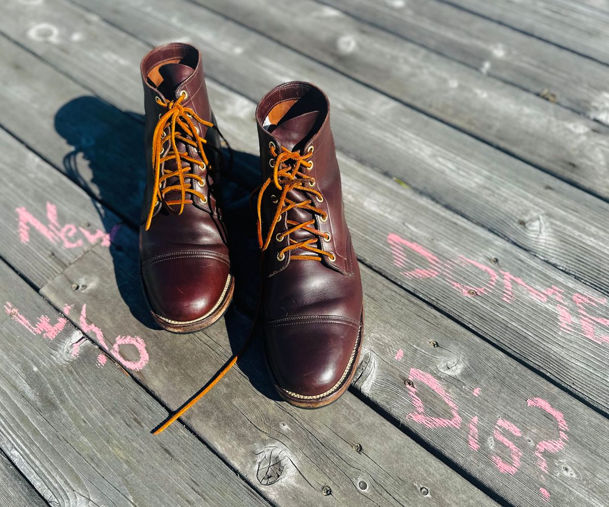 Photo by tippytoes on October 5, 2025 of the Viberg Service Boot in Horween Brown Chromexcel.