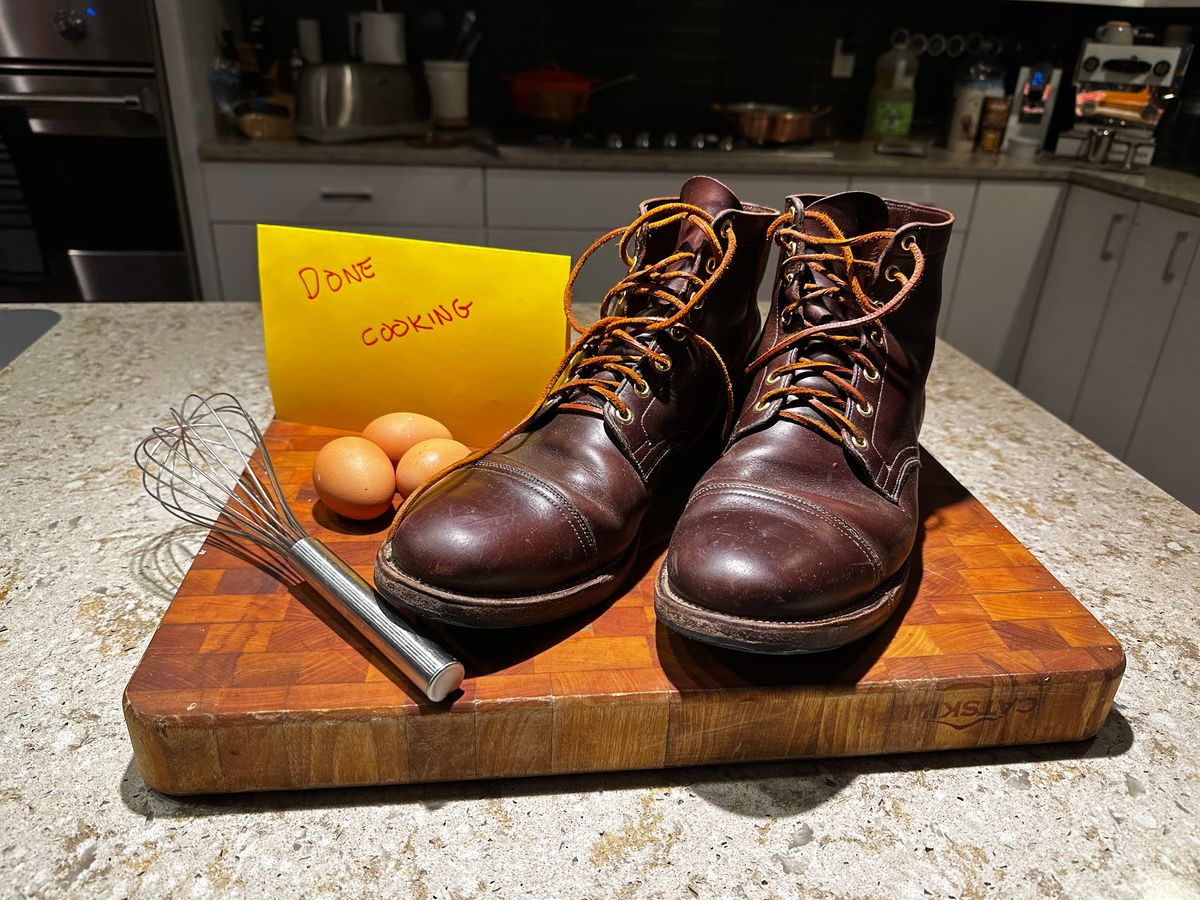 Photo by tippytoes on November 6, 2025 of the Viberg Service Boot in Horween Brown Chromexcel.