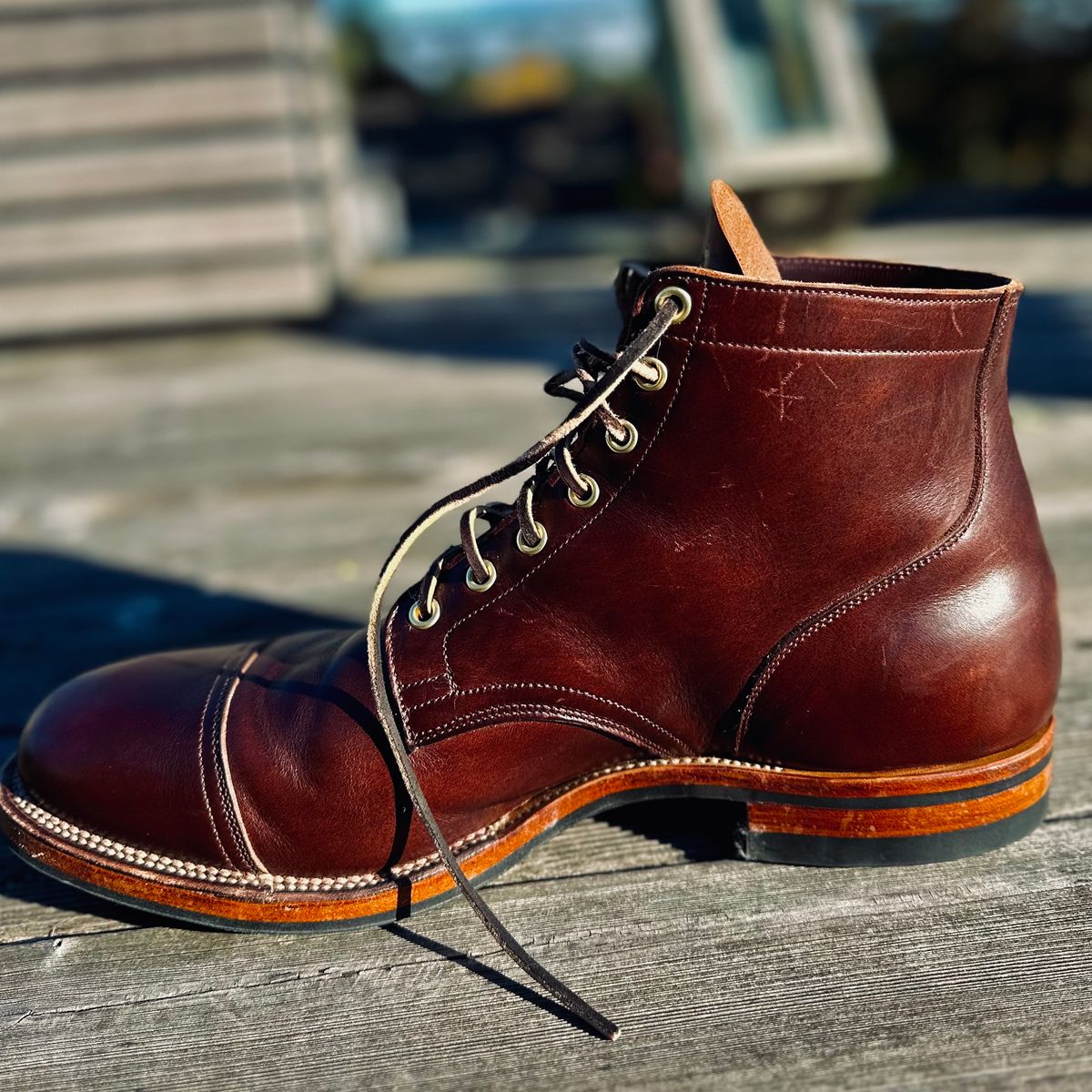 Photo by tippytoes on November 2, 2023 of the Viberg Service Boot in Horween Brown Chromexcel.