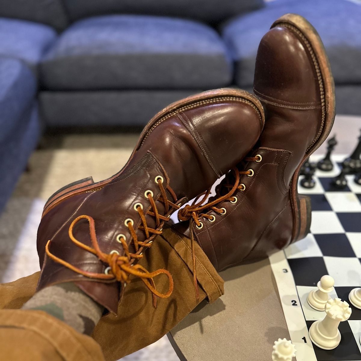 Photo by tippytoes on January 6, 2024 of the Viberg Service Boot in Horween Brown Chromexcel.