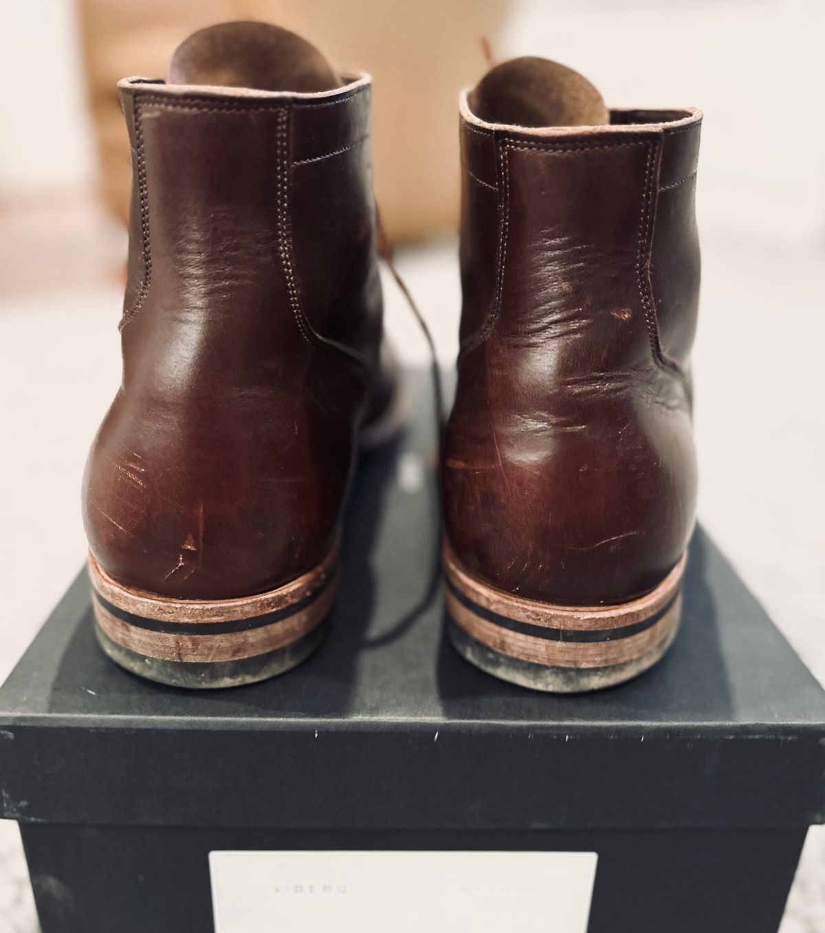 Photo by tippytoes on February 6, 2024 of the Viberg Service Boot in Horween Brown Chromexcel.