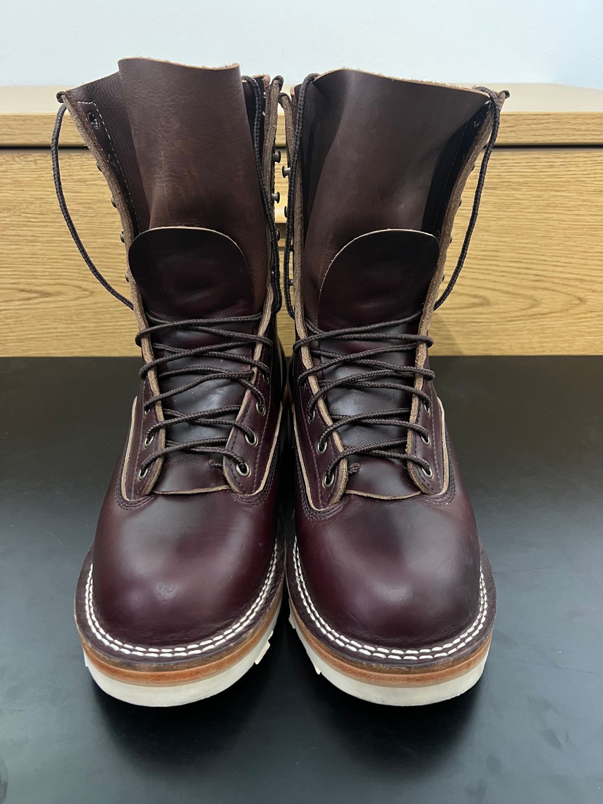 Photo by VanTrees on October 10, 2023 of the Frank's Boots Lace-To-Toe in Horween Burgundy Chromexcel.