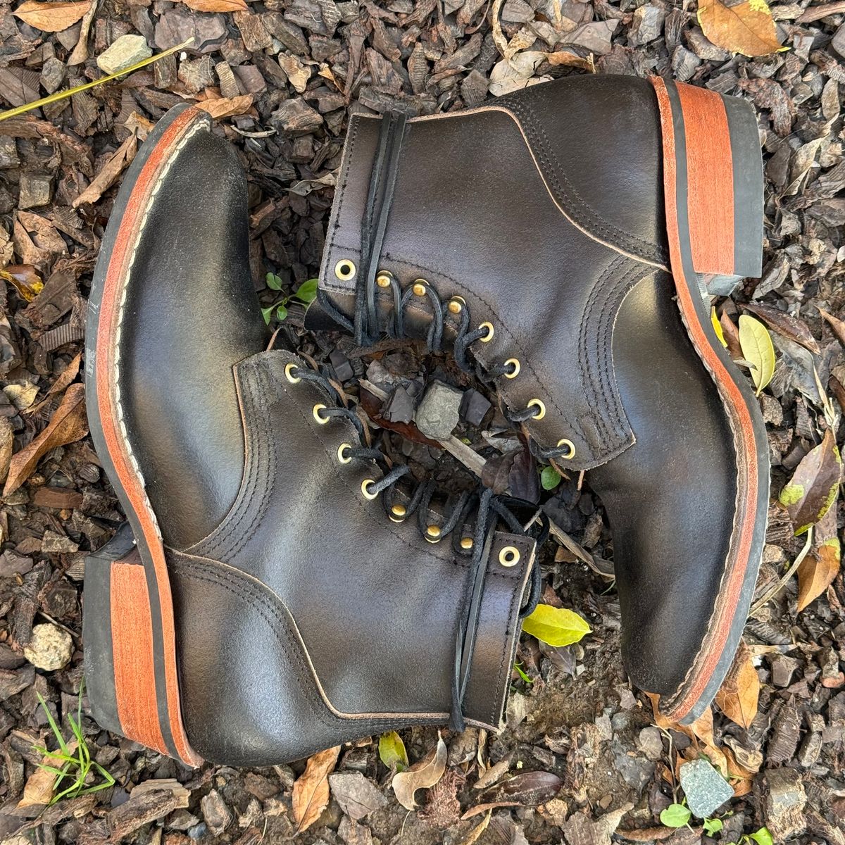 Photo by iwearboots on April 3, 2024 of the Nicks Unknown Model in Horween Black Waxed Flesh.