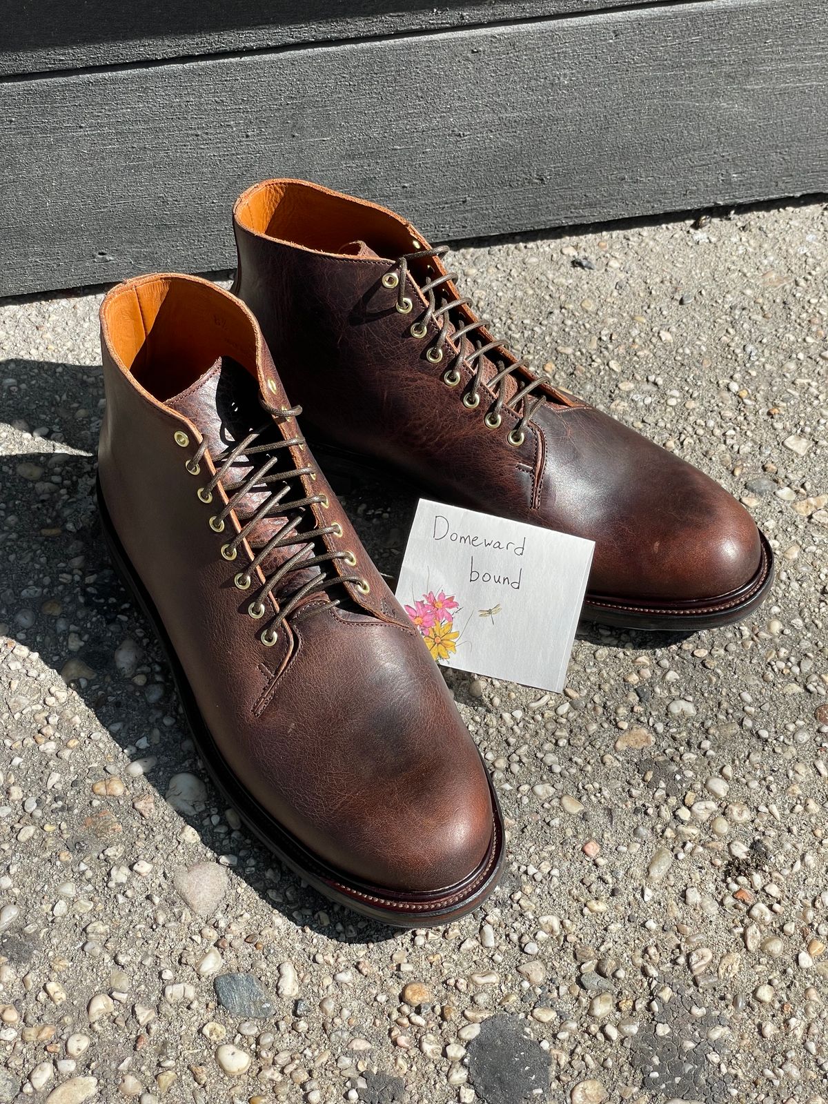 Photo by RemyTwotimes on October 1, 2023 of the Viberg Wholecut Derby Boot in Horween Rowdy Dachshund.