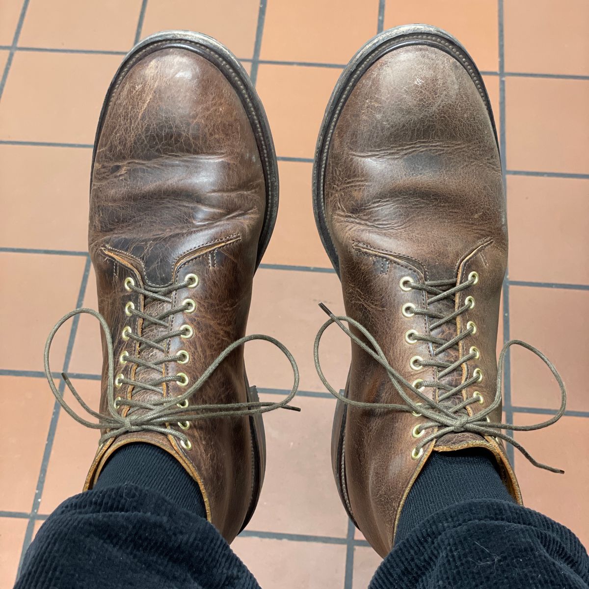 Photo by RemyTwotimes on November 14, 2023 of the Viberg Wholecut Derby Boot in Horween Rowdy Dachshund.