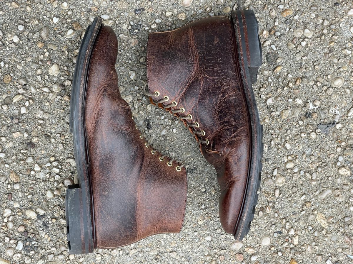Photo by RemyTwotimes on January 1, 2024 of the Viberg Wholecut Derby Boot in Horween Rowdy Dachshund.