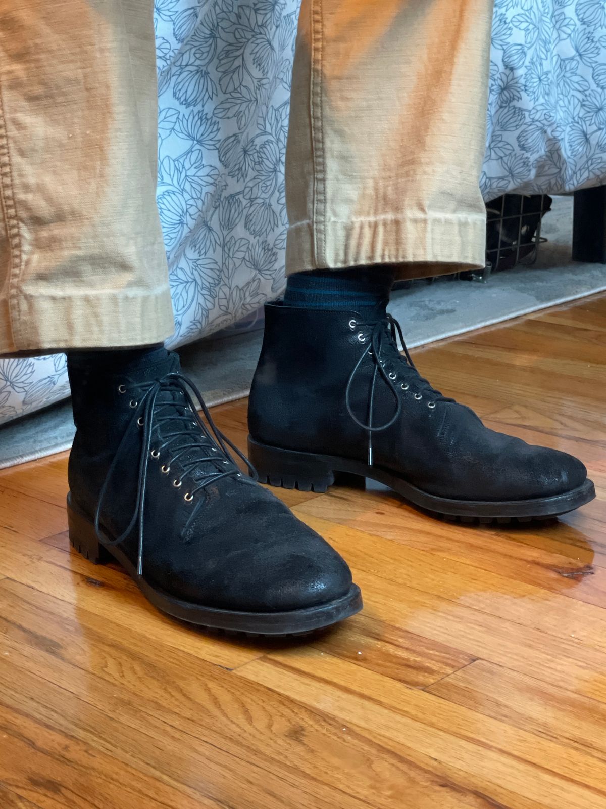 Photo by RemyTwotimes on June 3, 2023 of the Viberg Wholecut Derby Boot in Camel Black Waxed Roughout.