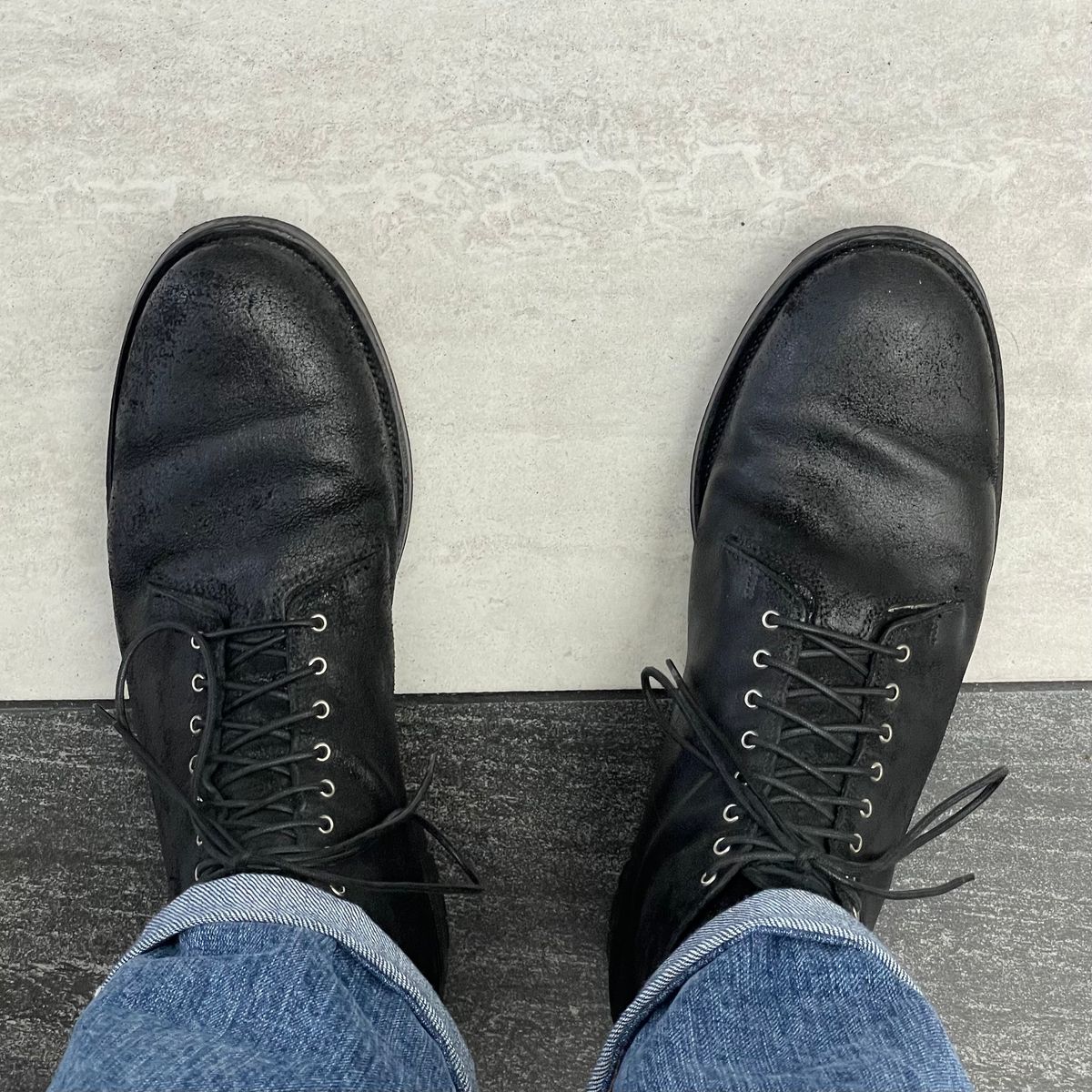 Photo by RemyTwotimes on April 10, 2024 of the Viberg Wholecut Derby Boot in Camel Black Waxed Roughout.