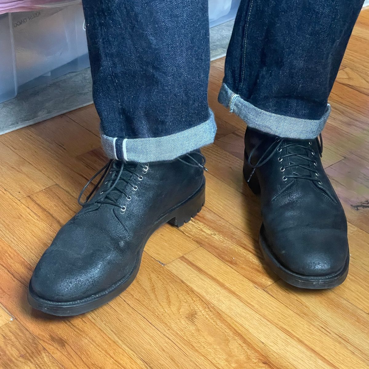 Photo by RemyTwotimes on April 5, 2025 of the Viberg Wholecut Derby Boot in Camel Black Waxed Roughout.