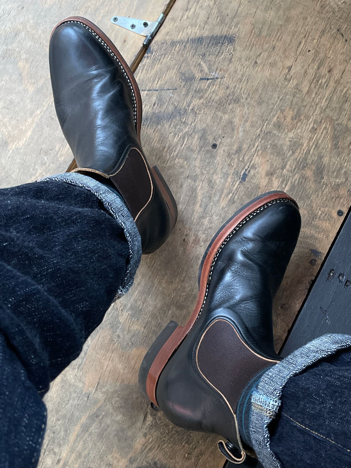 Photo by RemyTwotimes on April 1, 2023 of the Benzein The Seventh Chelsea Boot in Maryam Black Horsehide.