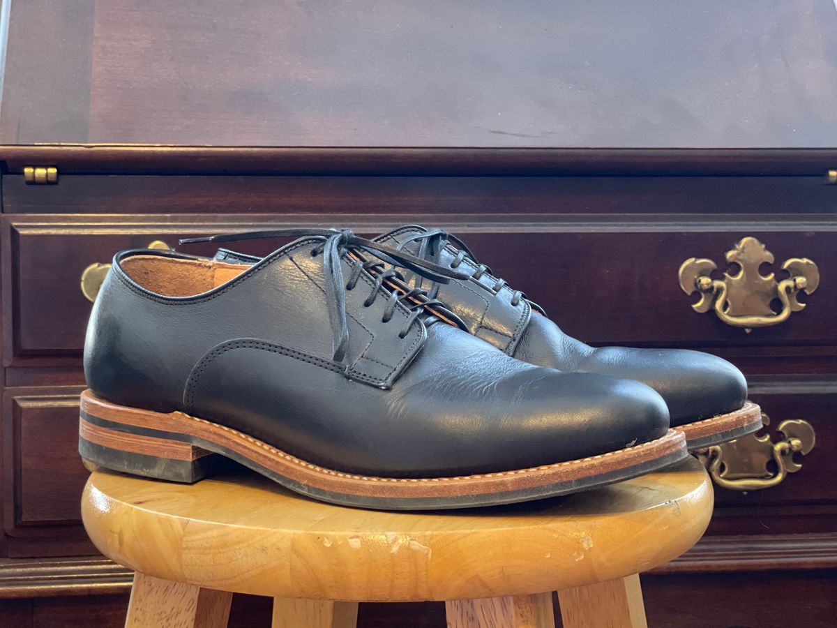 Photo by RemyTwotimes on April 2, 2023 of the Viberg Derby Shoe in C.F. Stead Black Regency Calf.