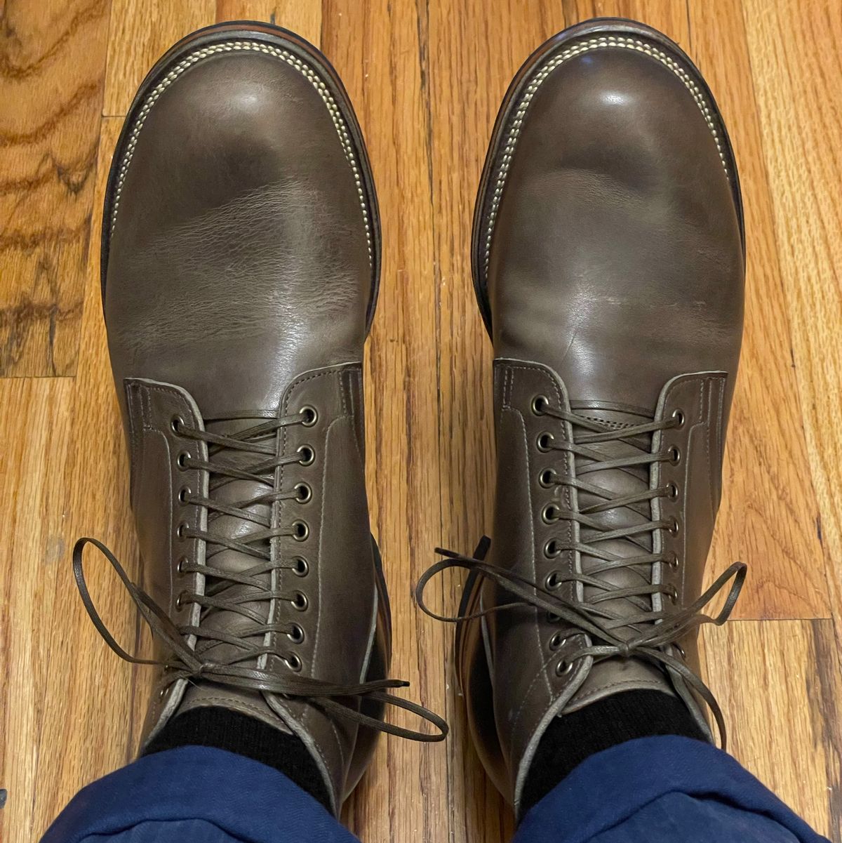 Photo by RemyTwotimes on December 2, 2023 of the Viberg Service Boot in C.F. Stead Classic Grey Oiled Culatta.