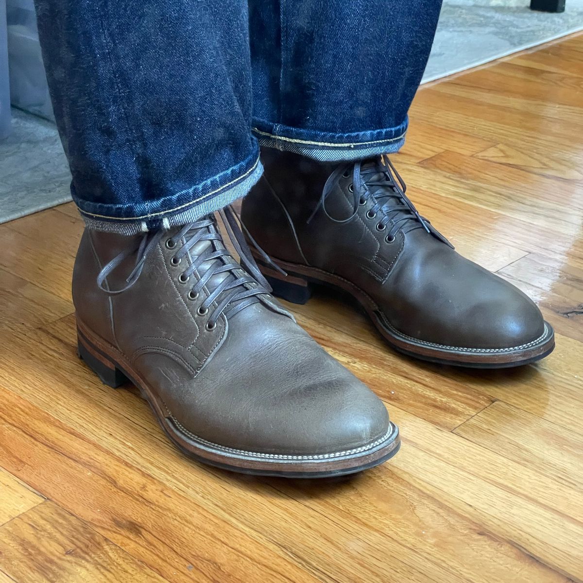 Photo by RemyTwotimes on April 6, 2024 of the Viberg Service Boot in C.F. Stead Classic Grey Oiled Culatta.